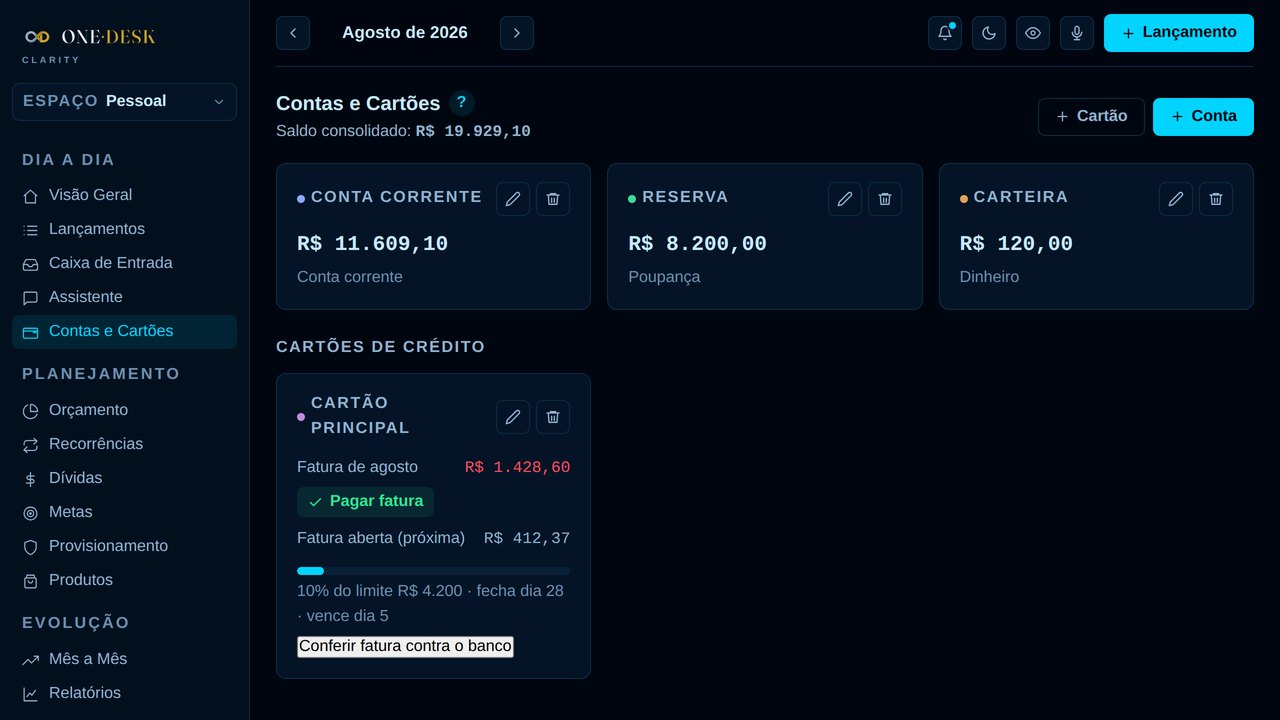 Tela real de Contas e Cartões do Clarity Desk com saldos demonstrativos.